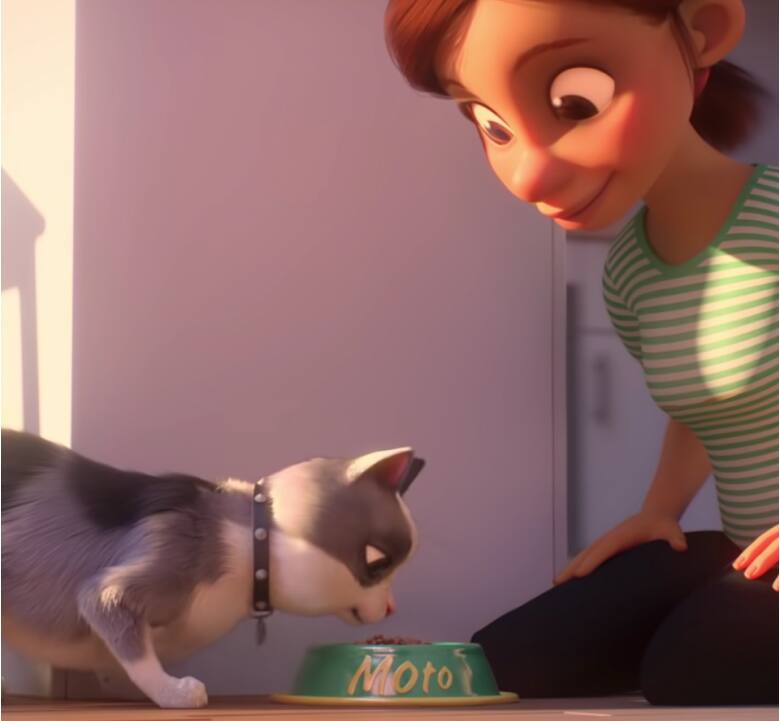 Una mujer con camisa verde a rayas dando de comer a su gato