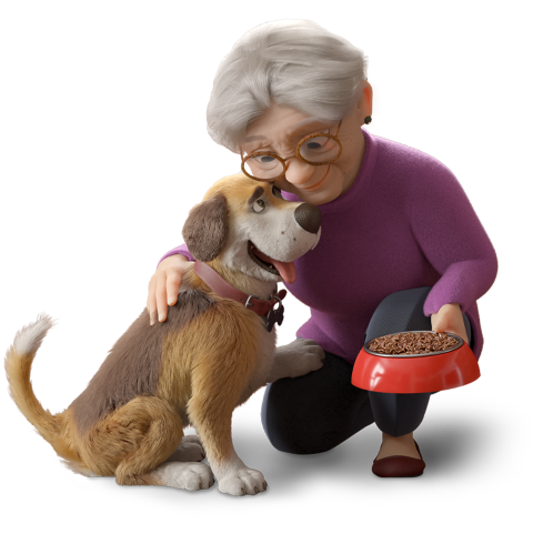 Una anciana da de comer a su perro
